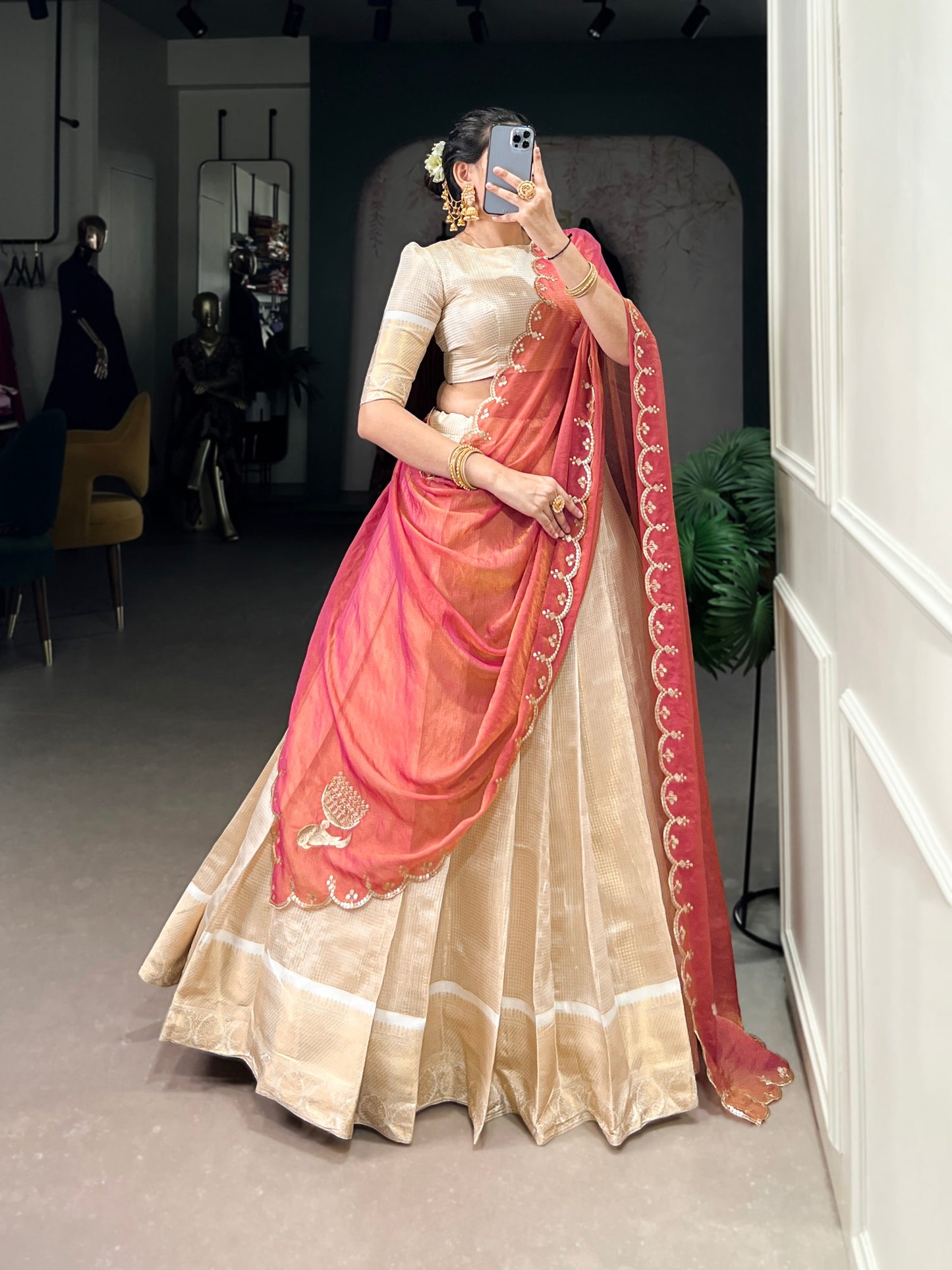 Jacquard Chex Lehenga Set with Zari Weaving Work and Zari Shimmer Dupatta