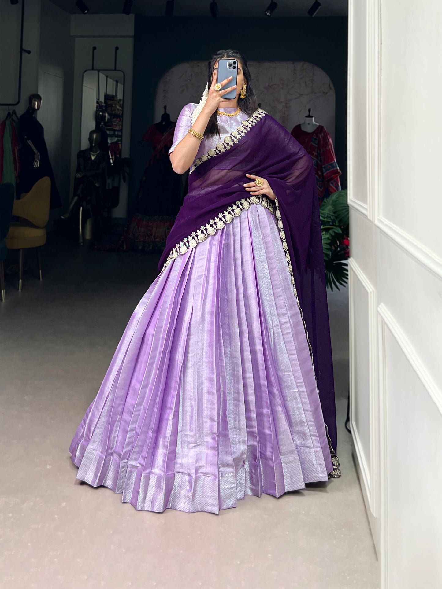 Lavender Jacquard Silk Lehenga Set with Weaving Work and Georgette Embroidered Dupatta