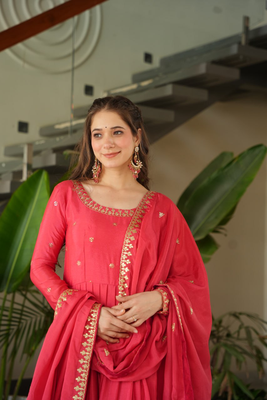 Pink Chinnon Embroidered Gown with Sequins Dupatta