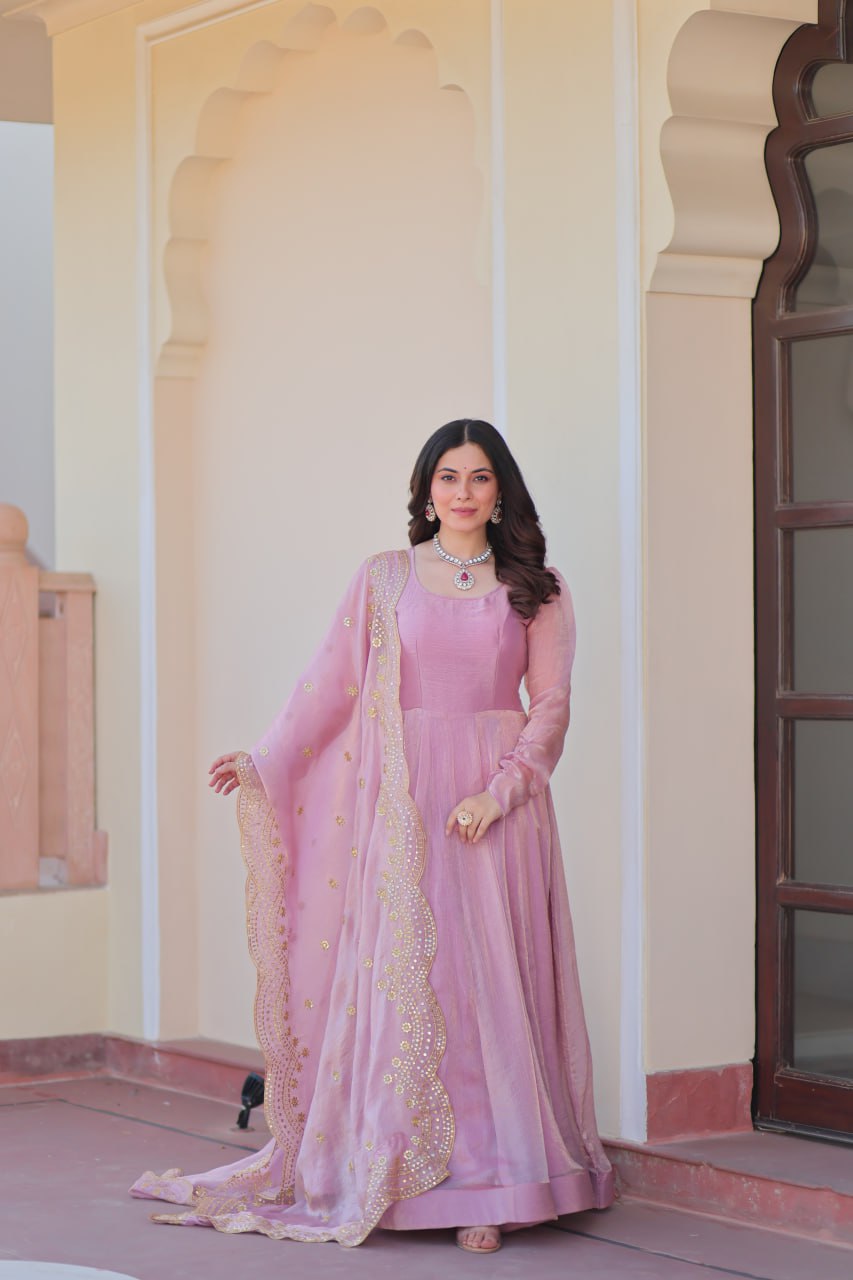 Lavender Fendy Chiffon 12-Kali Anarkali Gown with Embroidered Cut-Work Dupatta