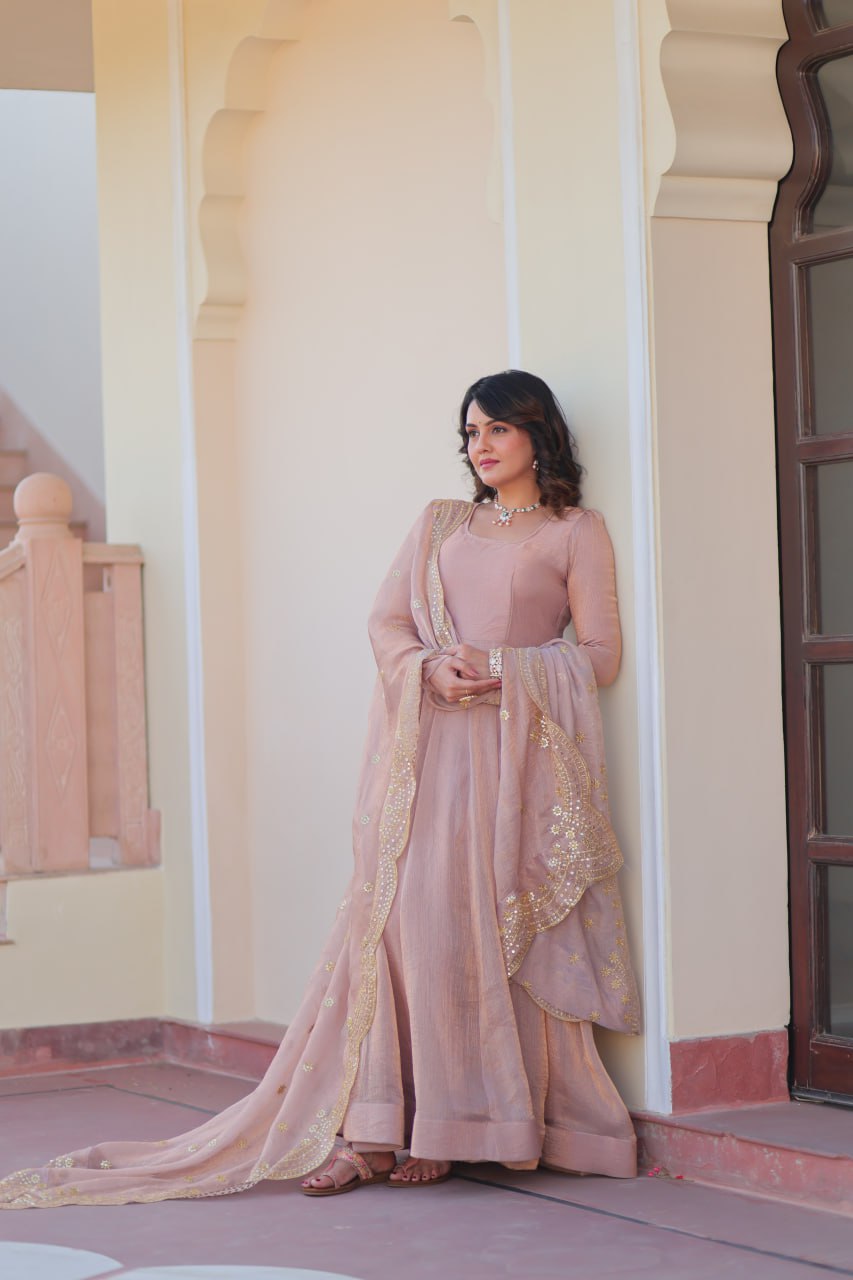Peach Fendy Chiffon 12-Kali Anarkali Gown with Embroidered Cut-Work Dupatta