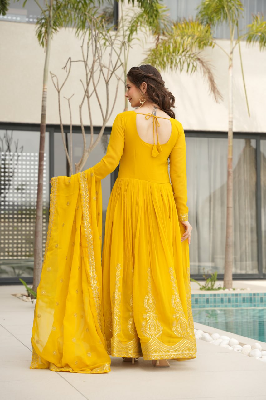 Yellow Fendy Chiffon 12-Kali Anarkali Gown with Embroidered Cut-Work Dupatta