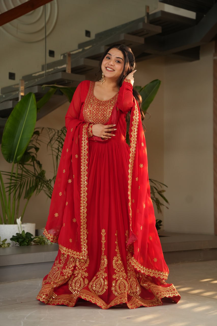 Red Fendy Chiffon 12-Kali Anarkali Gown with Embroidered Cut-Work Dupatta