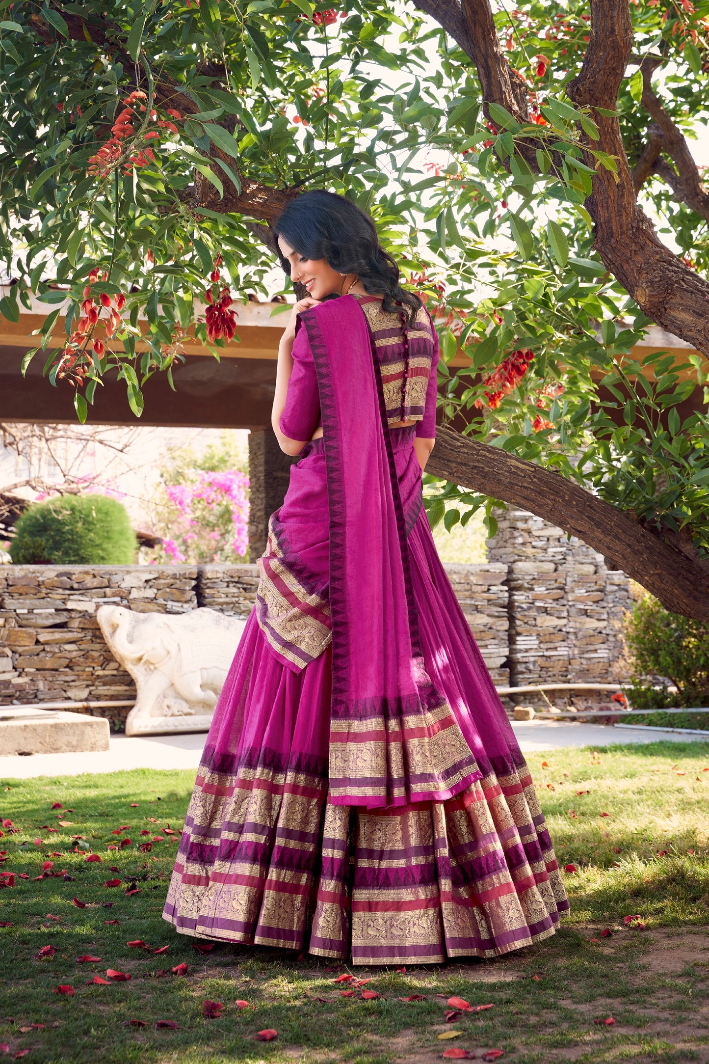 Pure Chanderi Pink Lehenga with Zari Weaving Work Border & Dupatta