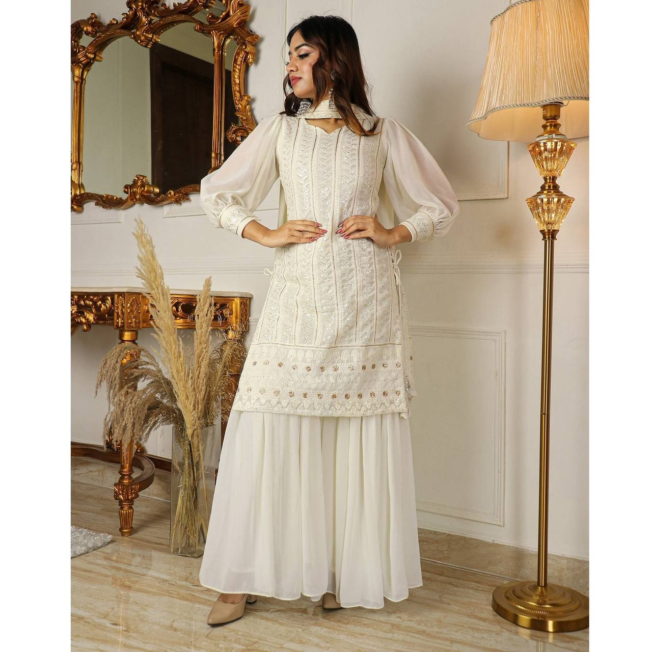 Lakhnavi Off White Kurta With Sharara & Dupatta Set By Stylish Ethnic