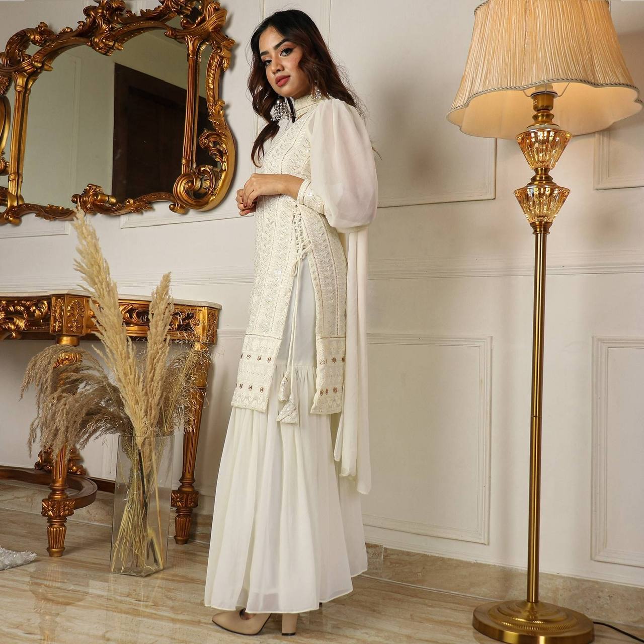 Lakhnavi Off White Kurta With Sharara & Dupatta Set By Stylish Ethnic