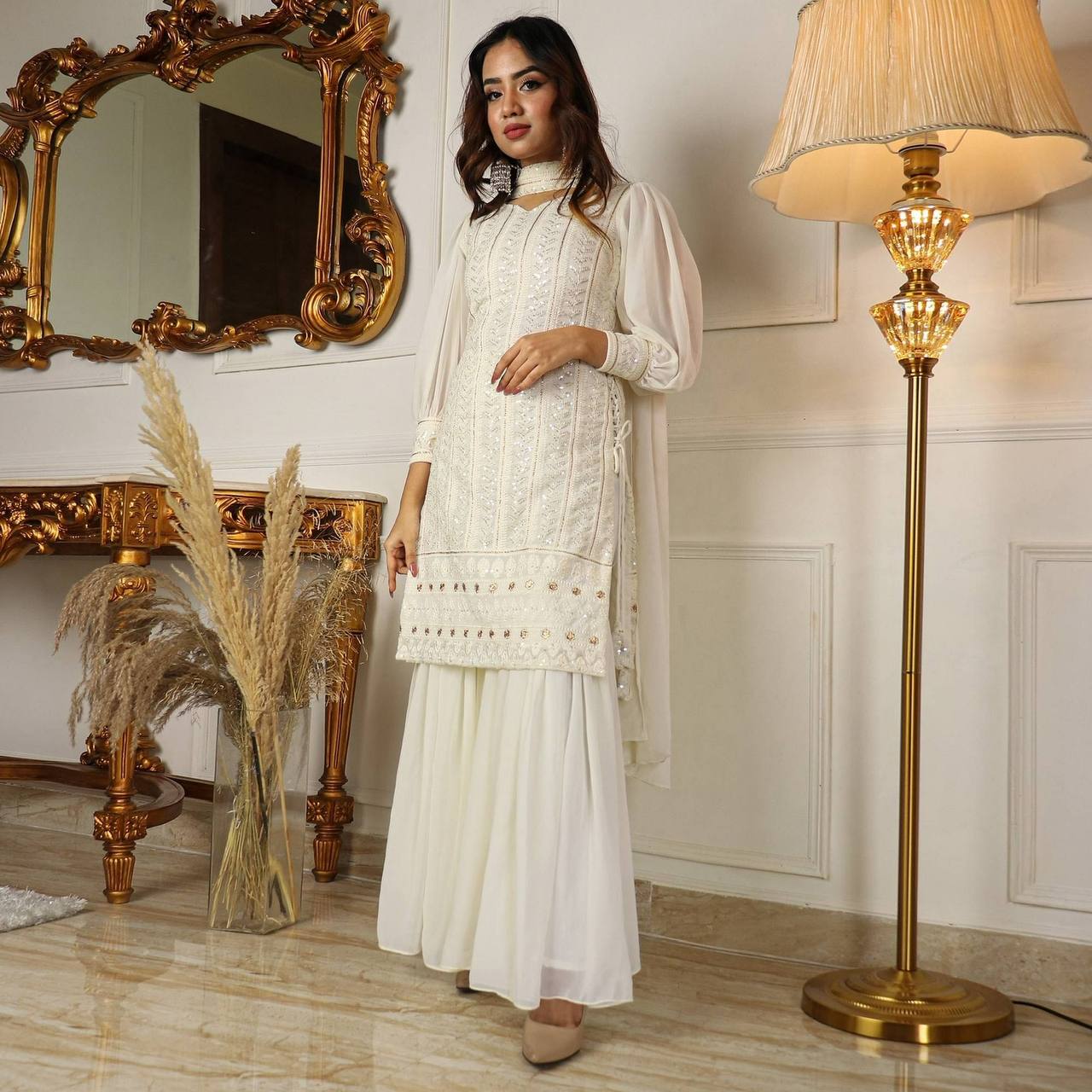 Lakhnavi Off White Kurta With Sharara & Dupatta Set By Stylish Ethnic
