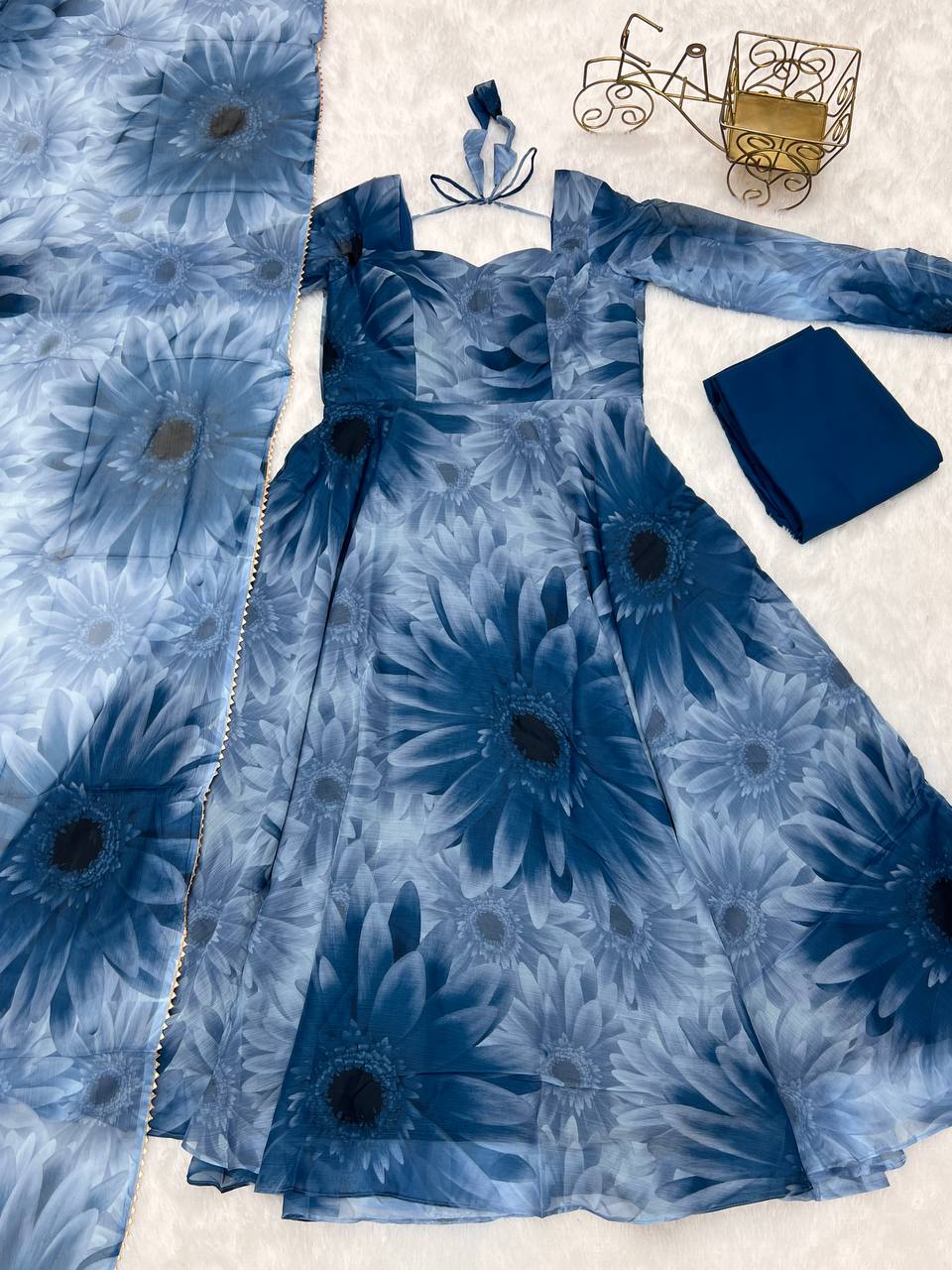 Prussian Blue Chiffon Floral Suit By Stylish Ethnic