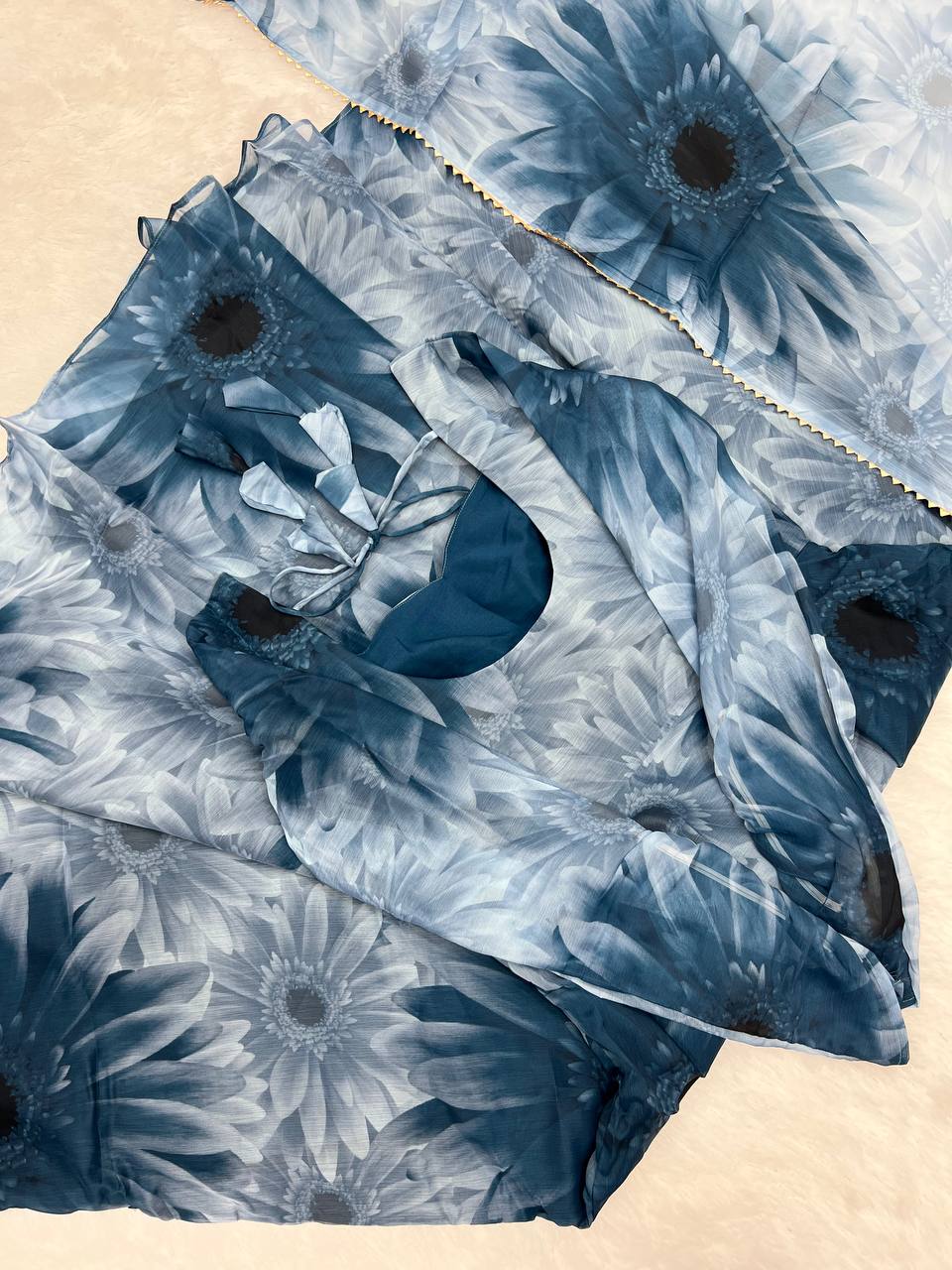 Prussian Blue Chiffon Floral Suit By Stylish Ethnic