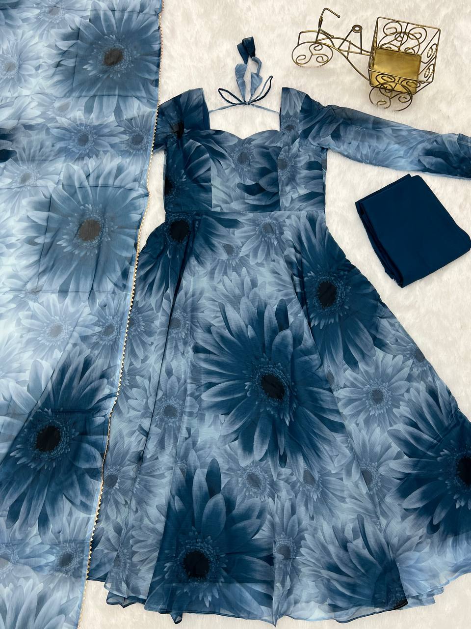 Prussian Blue Chiffon Floral Suit By Stylish Ethnic