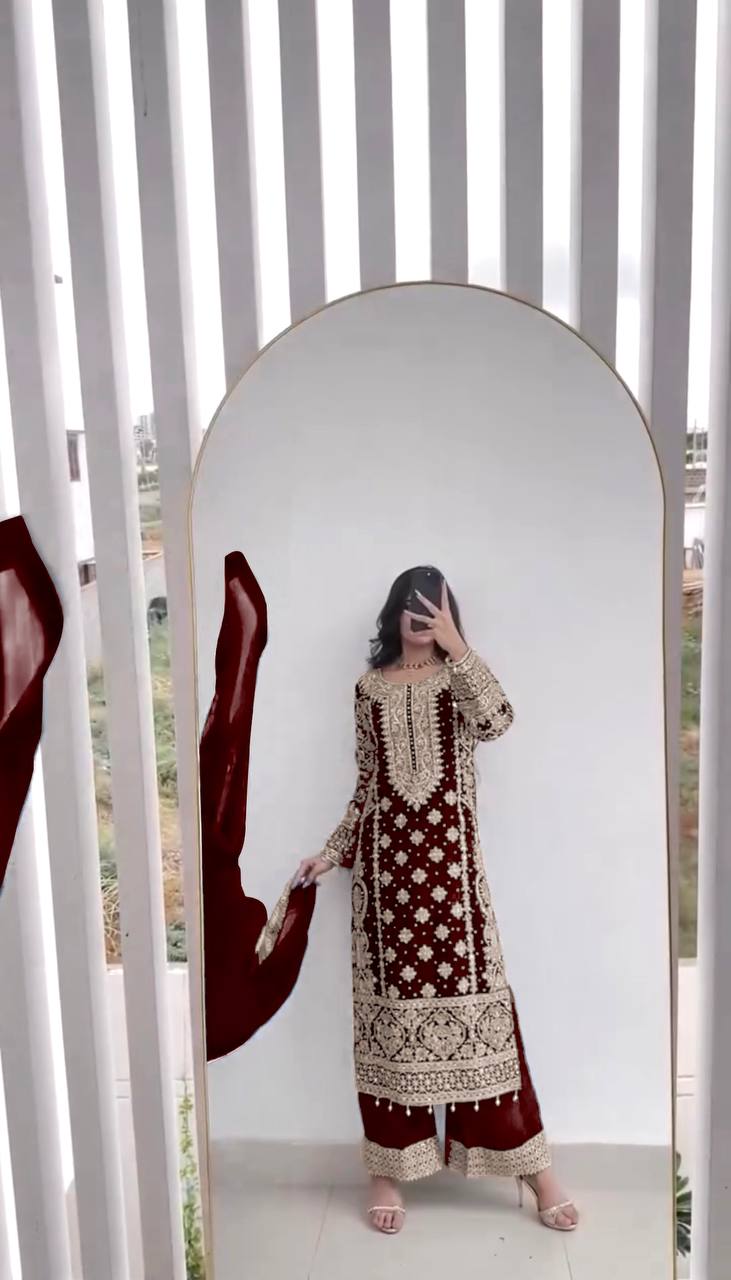 Maroon Georgette Zari Embroidery work Long Kurti Palazzo Dupatta Set