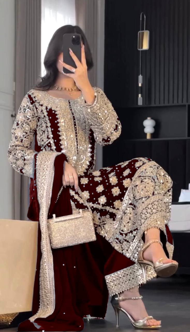 Maroon Georgette Zari Embroidery work Long Kurti Palazzo Dupatta Set