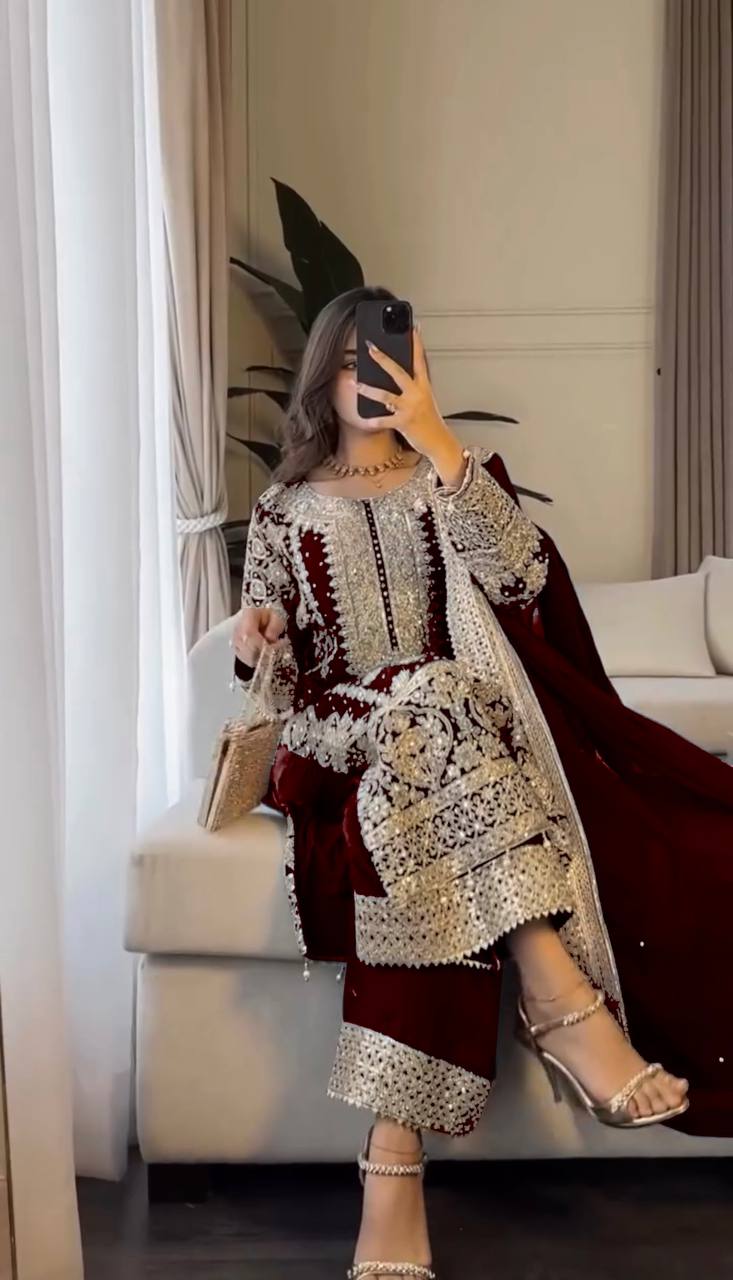 Maroon Georgette Zari Embroidery work Long Kurti Palazzo Dupatta Set