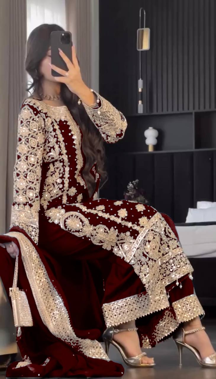 Maroon Georgette Zari Embroidery work Long Kurti Palazzo Dupatta Set