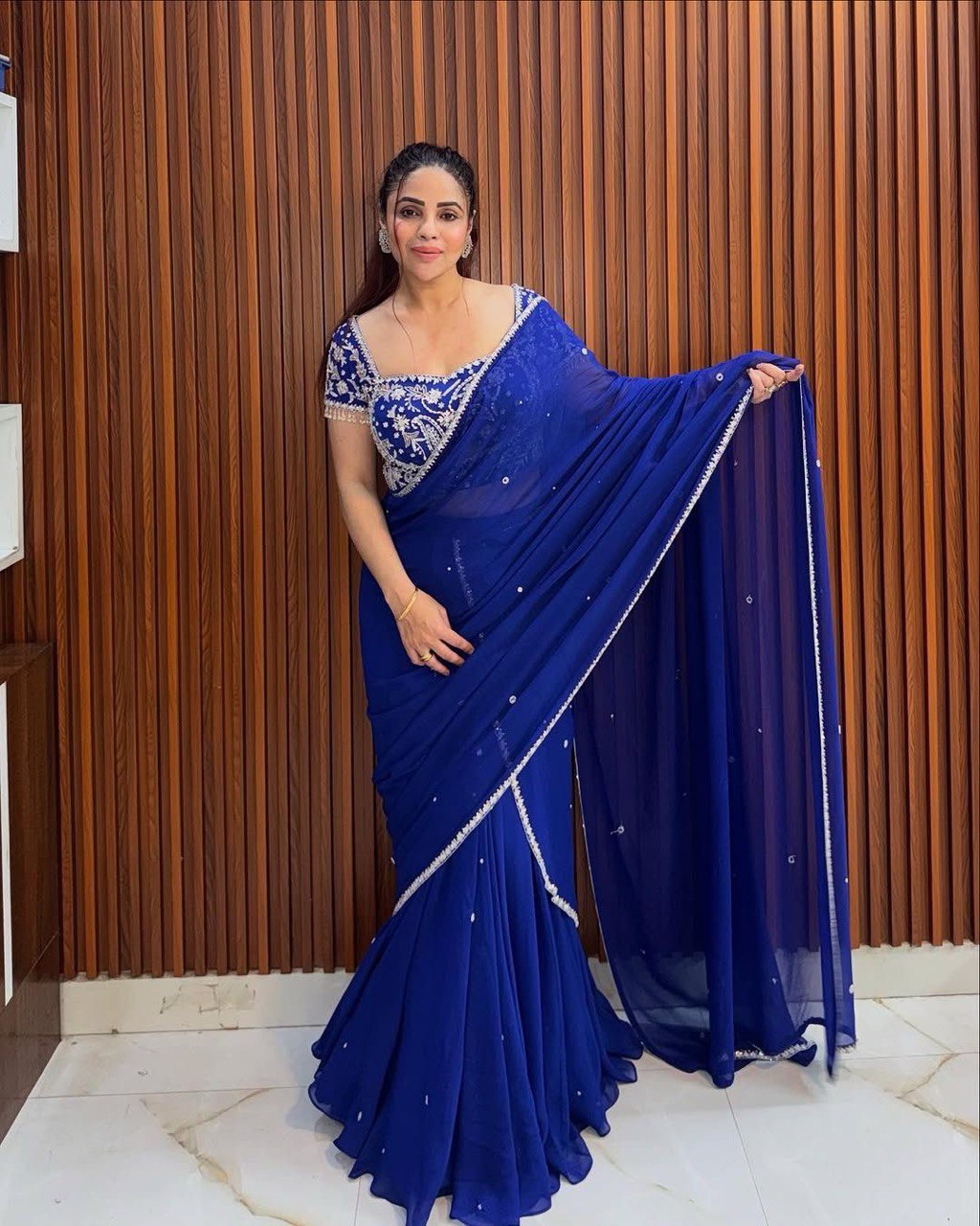 Ruffle Style Blue Lehenga Saree in Faux Georgette with Sequins & Thread Work – Ready to Wear Ethnic Outfit