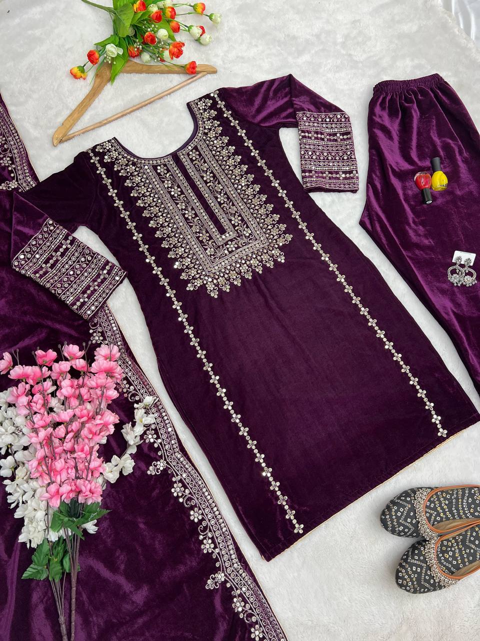 Heavy Viscose Velvet Embroidered Purple Suit Set with Dupatta – Ready-to-Wear Ethnic Outfit for Women