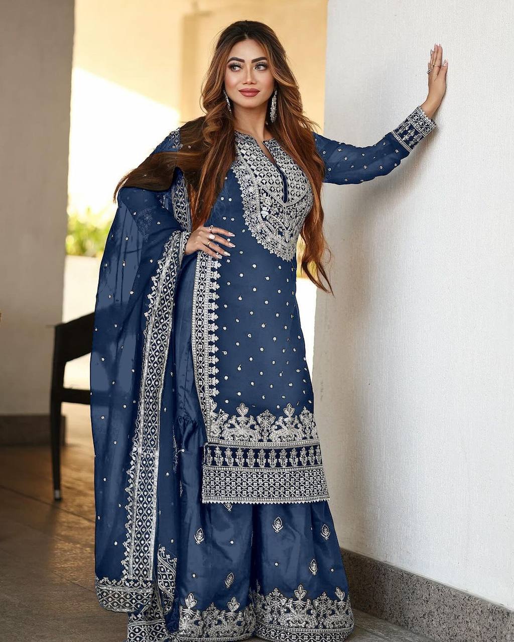 Heavy Faux Georgette Embroidered Blue Gharara Set with Dupatta – Fully Stitched Ethnic Partywear for Women