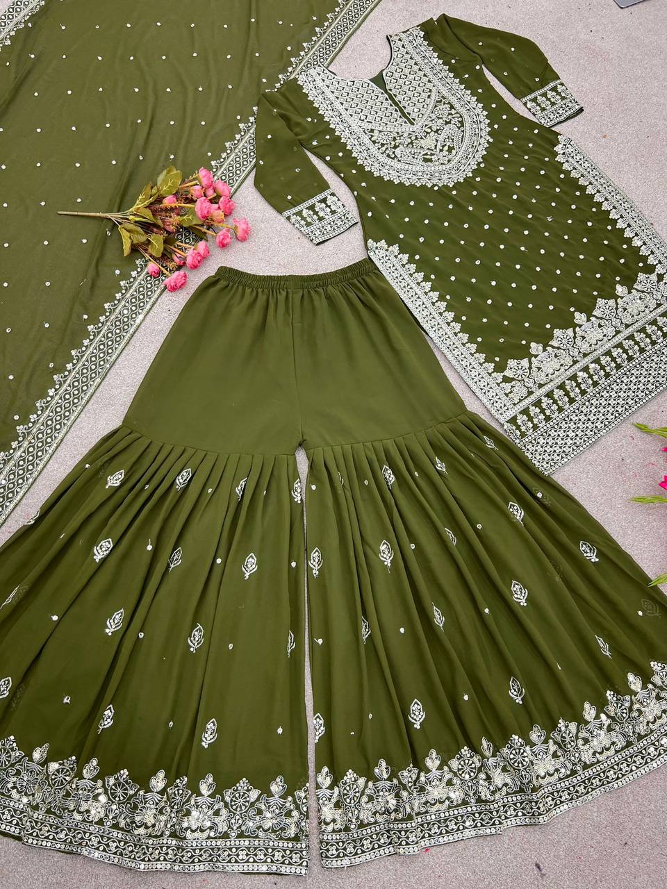 Heavy Faux Georgette Embroidered Mehendi Gharara Set with Dupatta – Fully Stitched Ethnic Partywear for Women