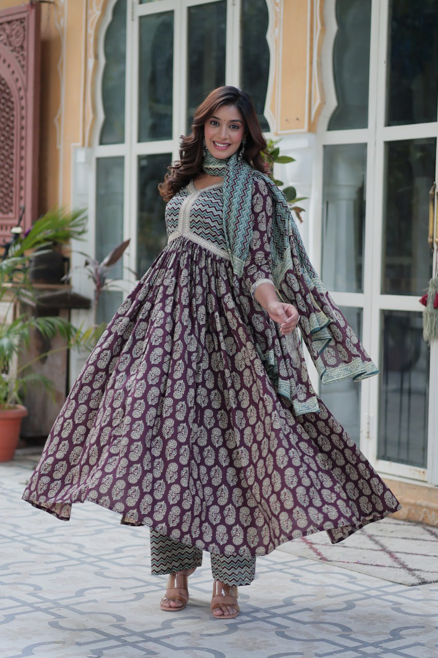 Pure Cotton Dark PInk Kurta Set with Fancy V Neck and Adjustable Waist Bottom