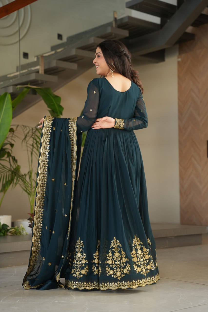 Bottle Green Faux Blooming Georgette Embroidered Gown with Dupatta