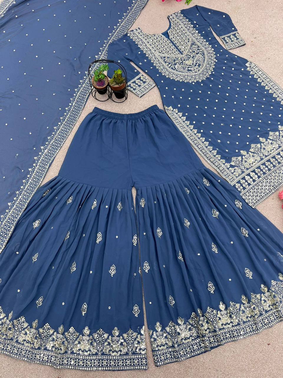 Heavy Faux Georgette Embroidered Blue Gharara Set with Dupatta – Fully Stitched Ethnic Partywear for Women
