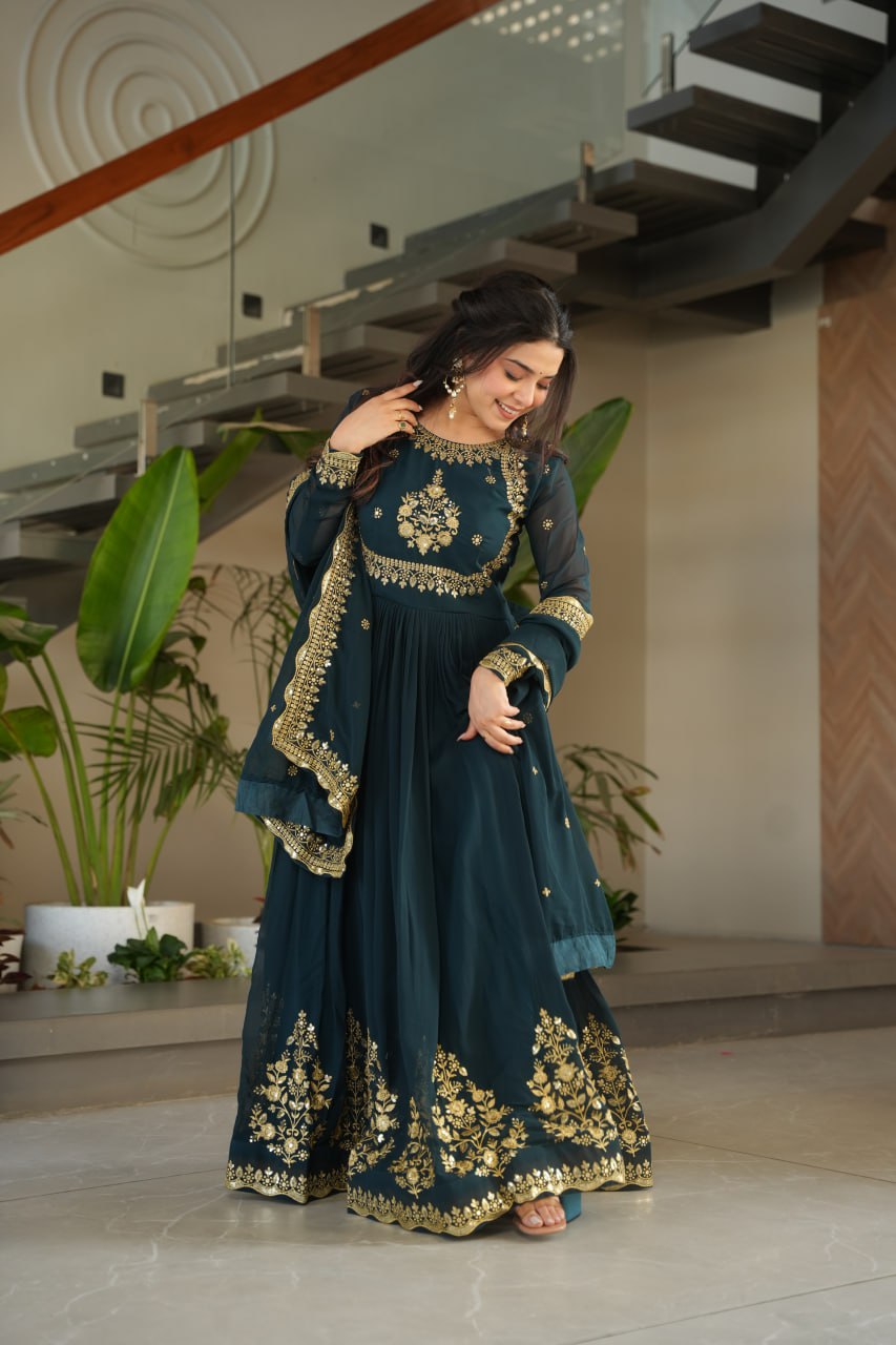 Bottle Green Faux Blooming Georgette Embroidered Gown with Dupatta