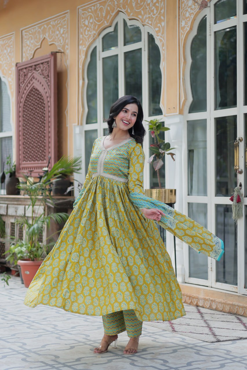 Pure Cotton Green Kurta Set with Fancy V Neck and Adjustable Waist Bottom
