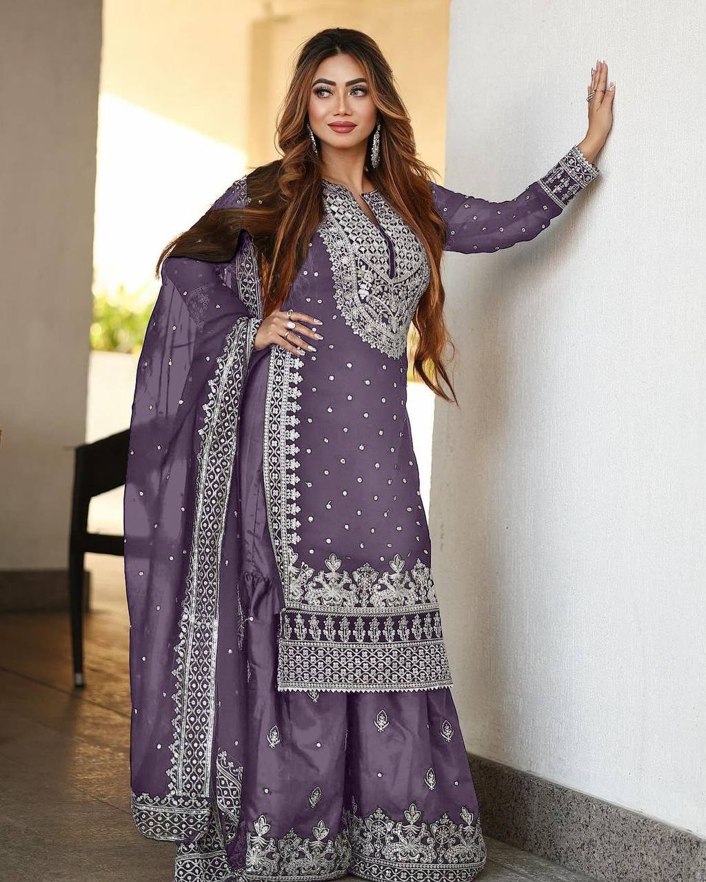 Heavy Faux Georgette Embroidered Lavender Gharara Set with Dupatta – Fully Stitched Ethnic Partywear for Women