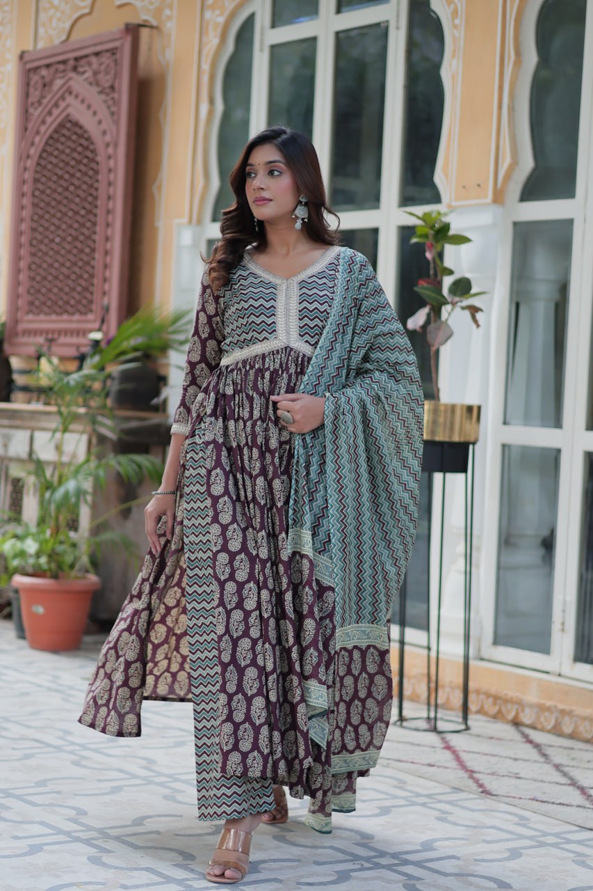 Pure Cotton Dark PInk Kurta Set with Fancy V Neck and Adjustable Waist Bottom