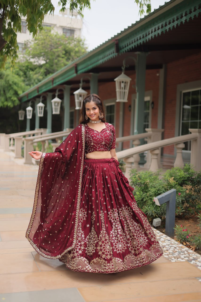 Incredible Maroon Embroidered Silk Wedding Lehenga Choli With Dupatta By Stylish Ethnic