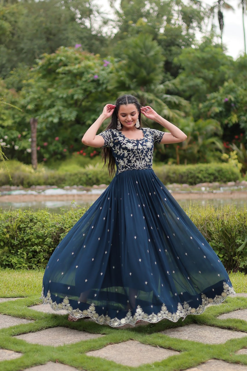 Peacock Blue Embroidered Georgette Flared Gown By Stylish Ethnic