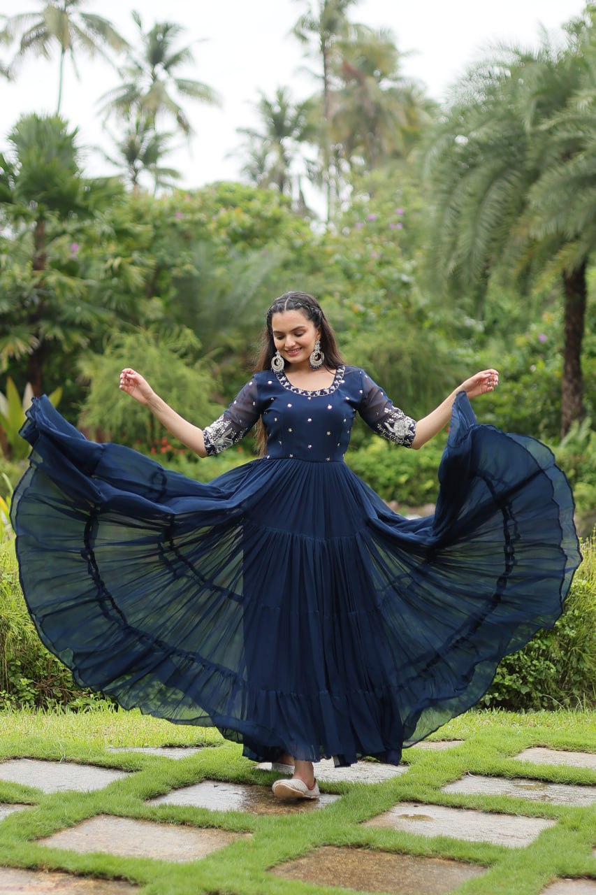 Blue Zari Sequin Embroidered Faux Blooming Gown By Stylish Ethnic