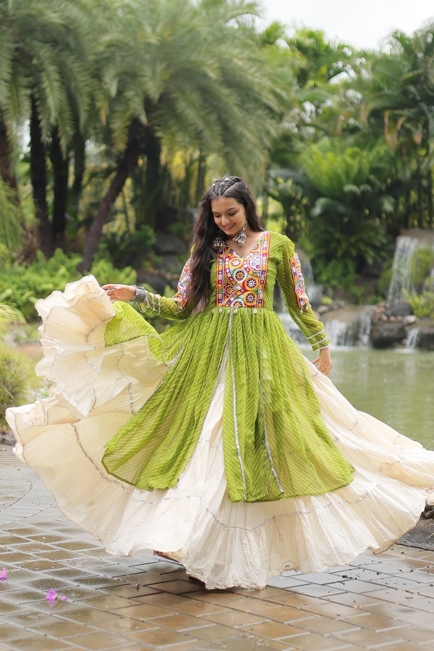 Pista Green Mirror Work Cotton Navratri Wear Kurti With Lehenga By Stylish Ethnic