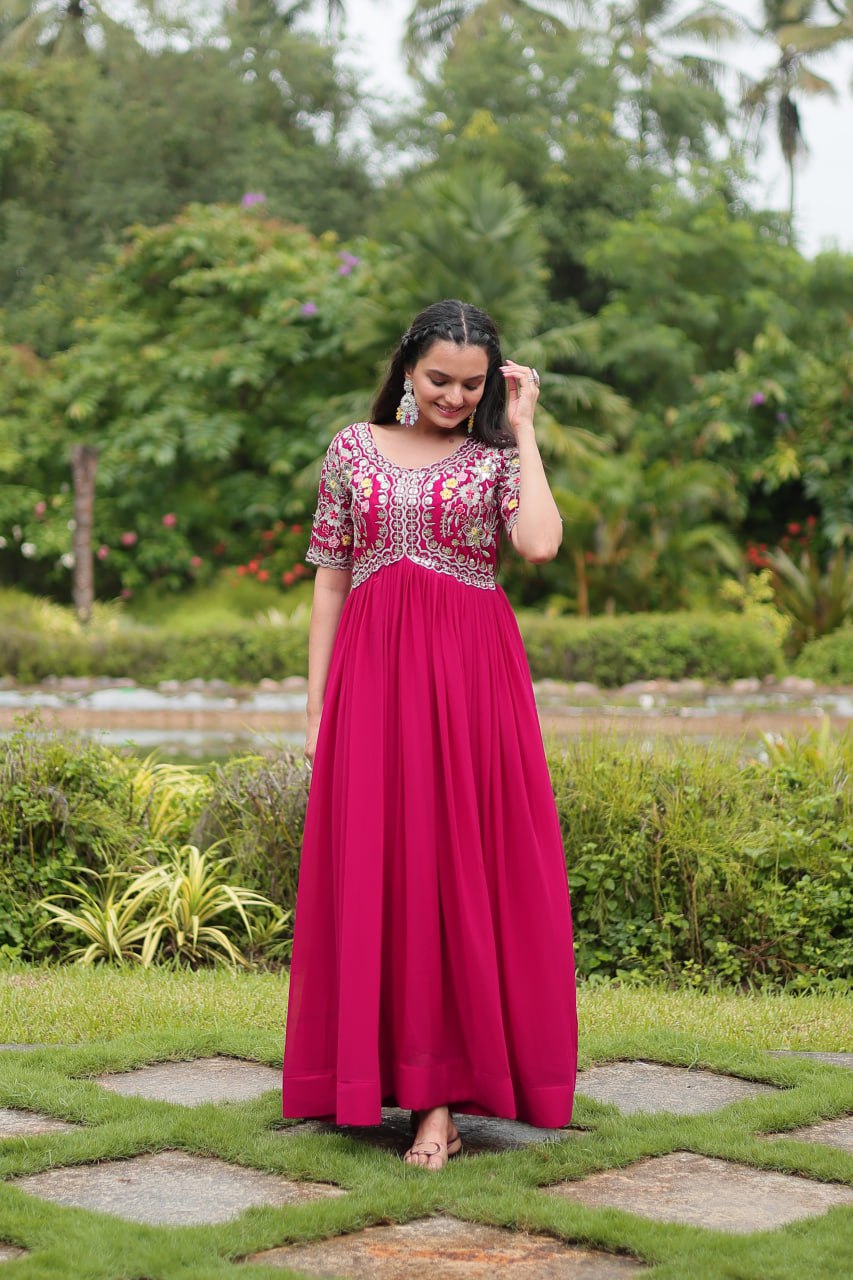 Maroon Zari Sequin Embroidered Faux Blooming Gown By Stylish Ethnic