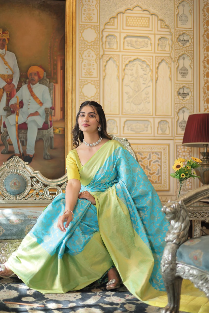 Sky Blue Color Kanjivaram Soft Silk Saree By Stylish Ethnic