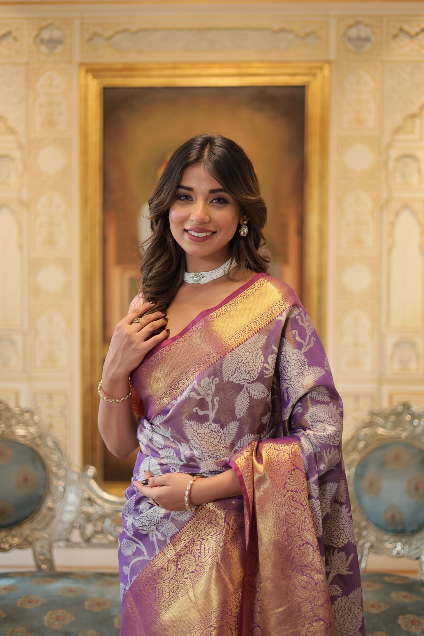 Exquisite Kanjivaram Silk Purple Saree with Zari Weaving Work By Stylish Ethnic