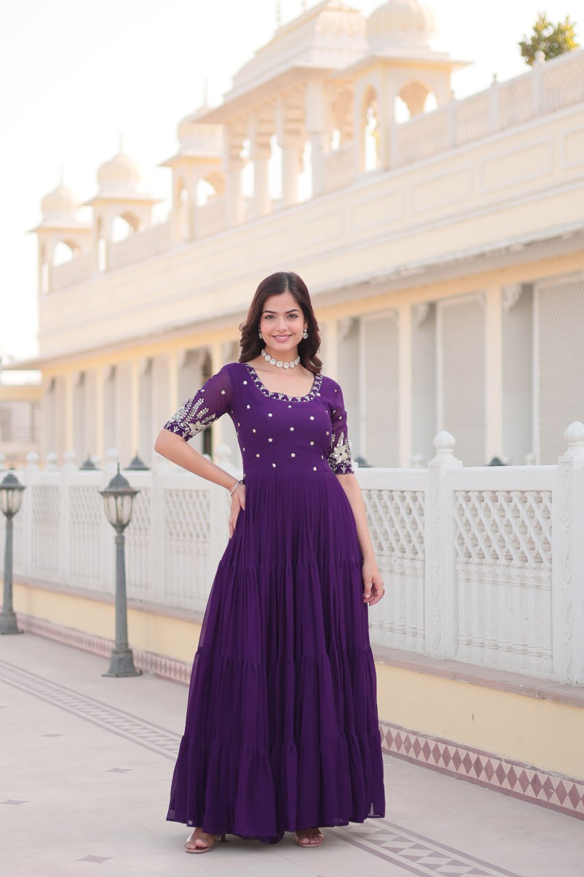 Fascinating Purple Embroidered Georgette Festival Wear Gown By Stylish Ethnic