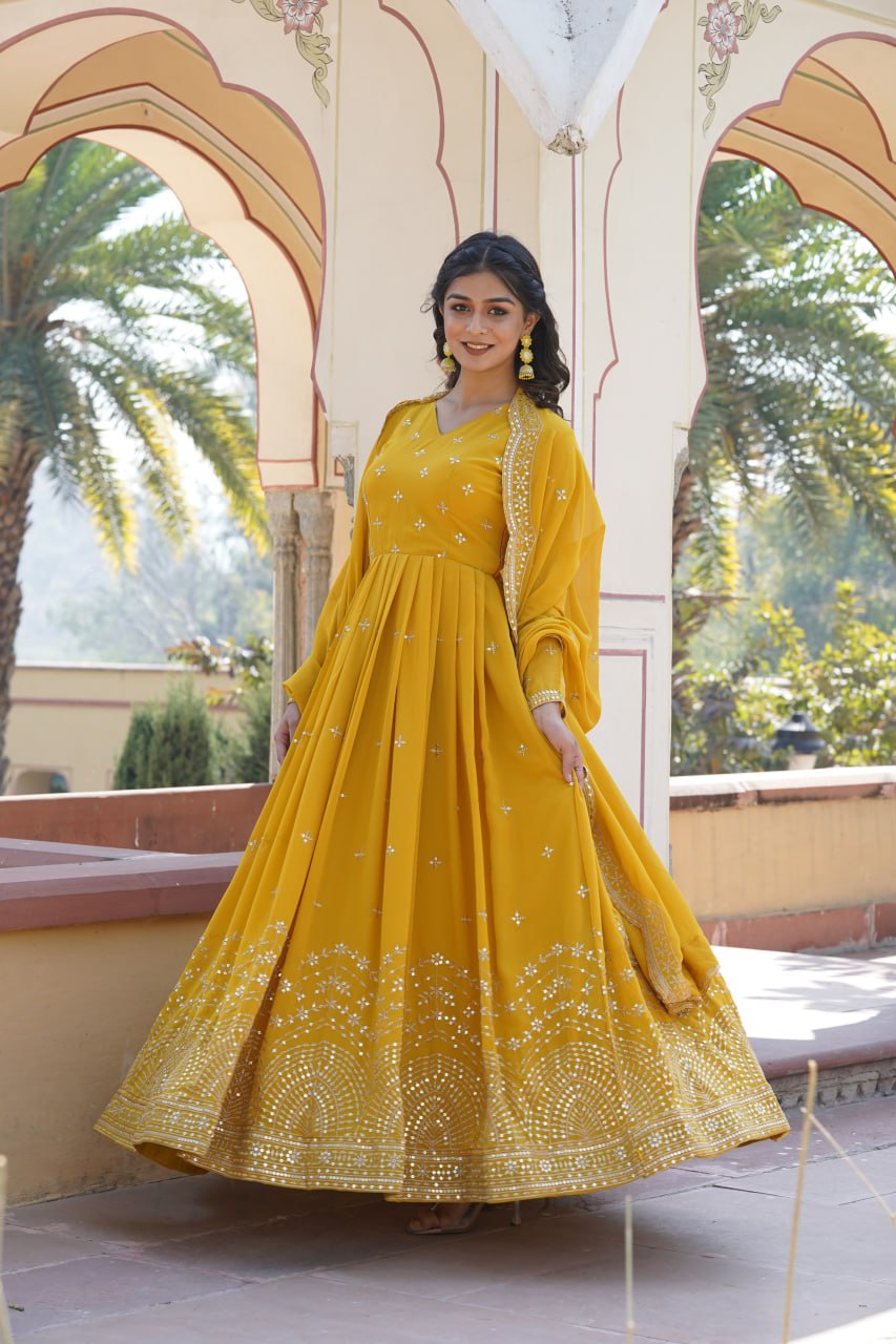 Women Embroidered Thread Work Georgette Yellow Anarkali Kurta By Stylish Ethnic