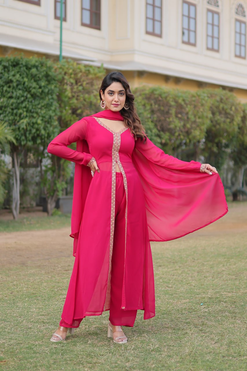 Pink Plain Georgette Kurta Pant With Dupatta By Stylish Ethnic