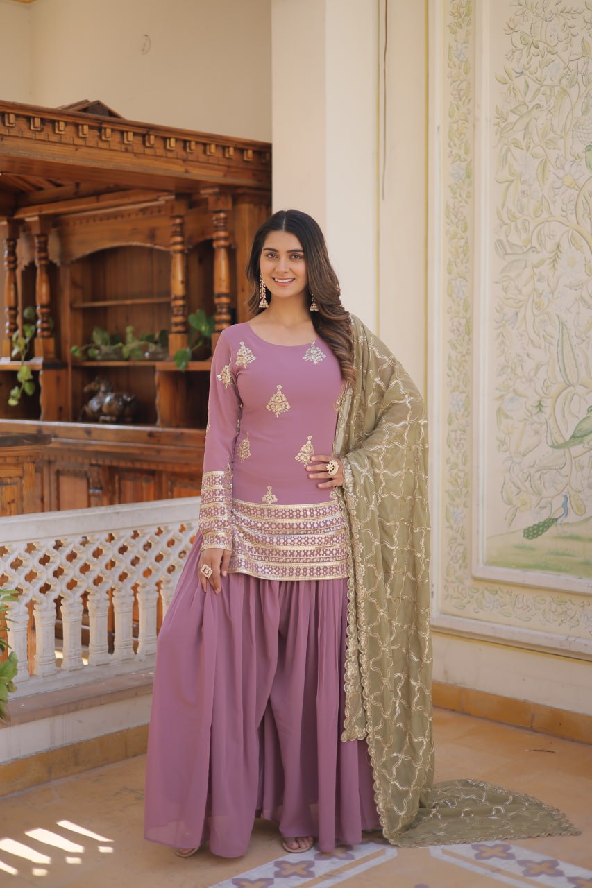 Cascade Lavender Stunning Faux Georgette Kurti-Palazzo-Dupatta Set with Sequin & Thread Embroidery