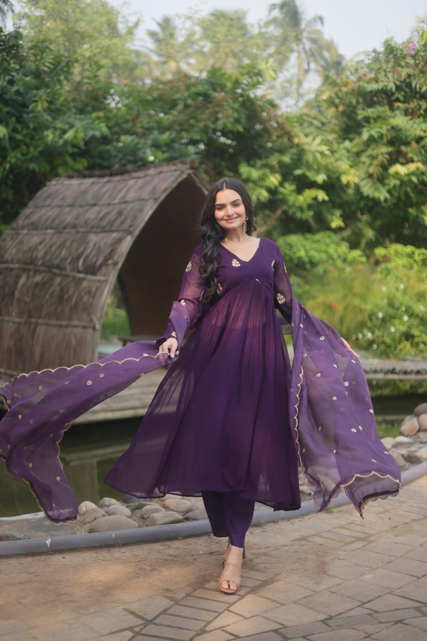Wine Nayra Cut Anarkali Suit with Embroidery Work