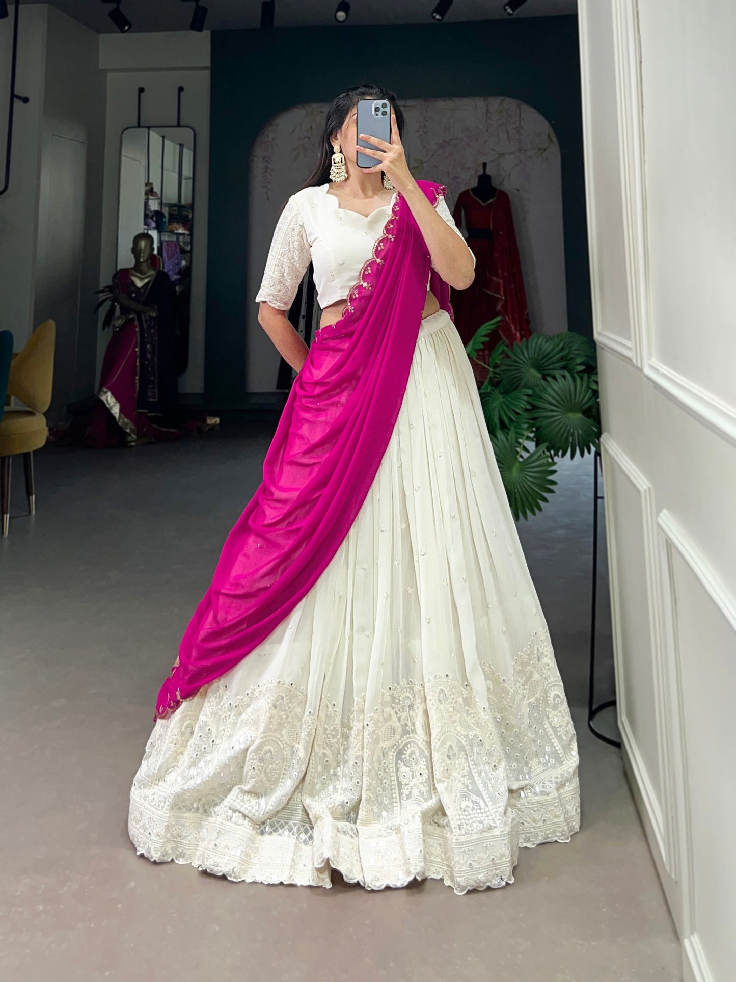 Georgette Lucknowi Paper Mirror Work Lehenga Choli With Pink Dupptta