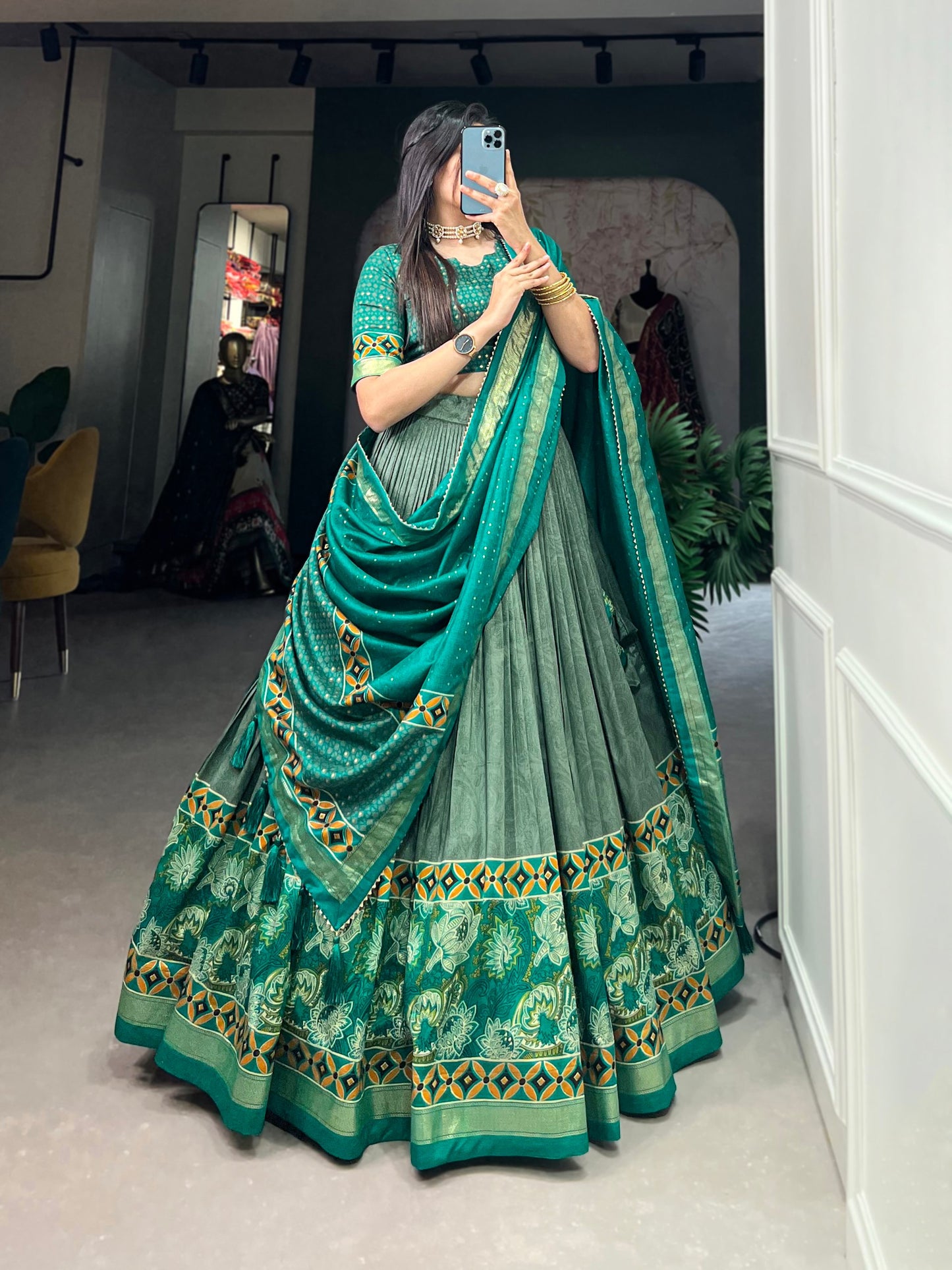 Sea Green Tussar Silk Lehenga Choli with Exquisite Foil Print Florals