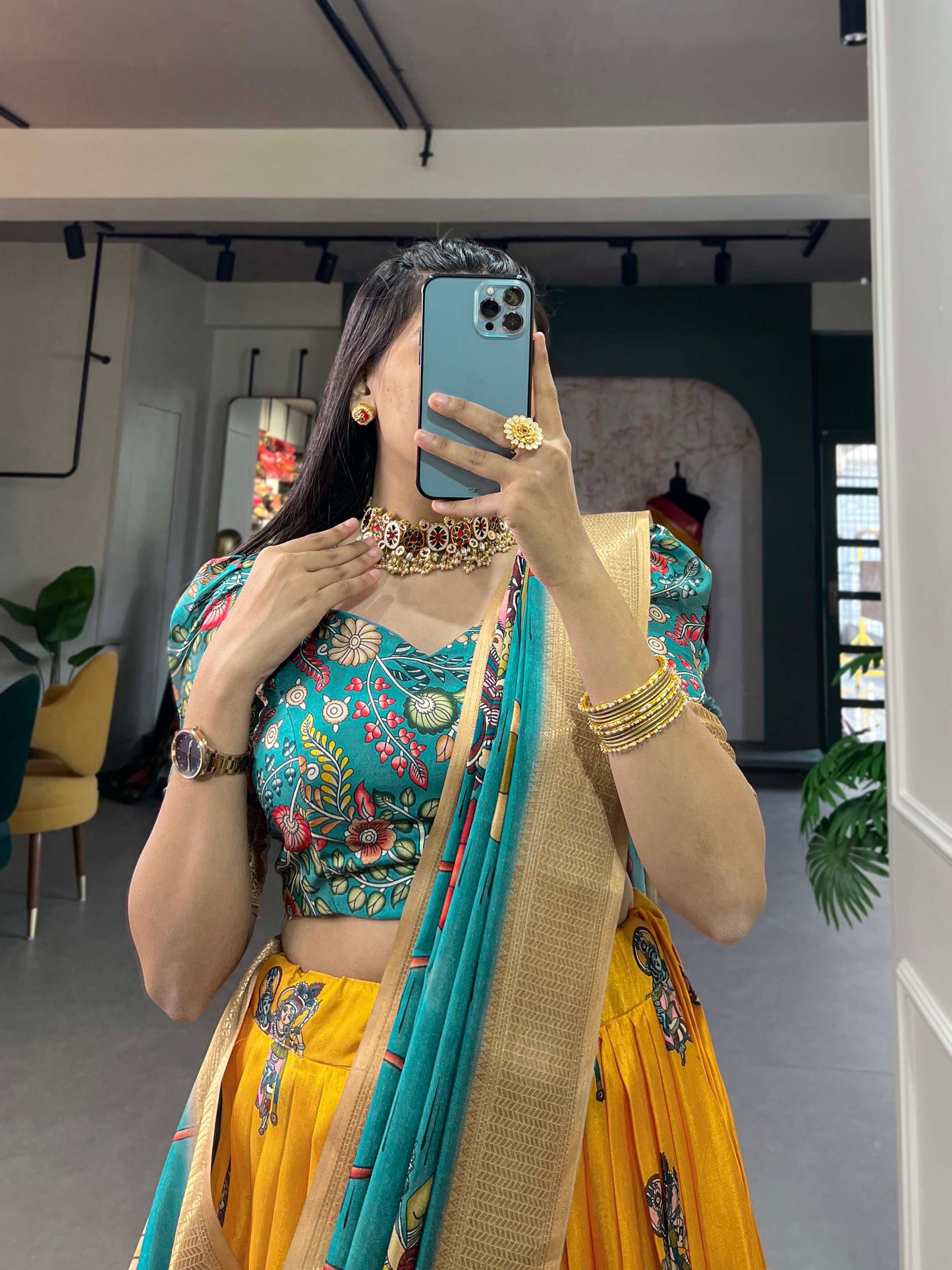 Amazing Yellow Kalamkari Printed Dola Silk Festival Wear Lehenga Choli