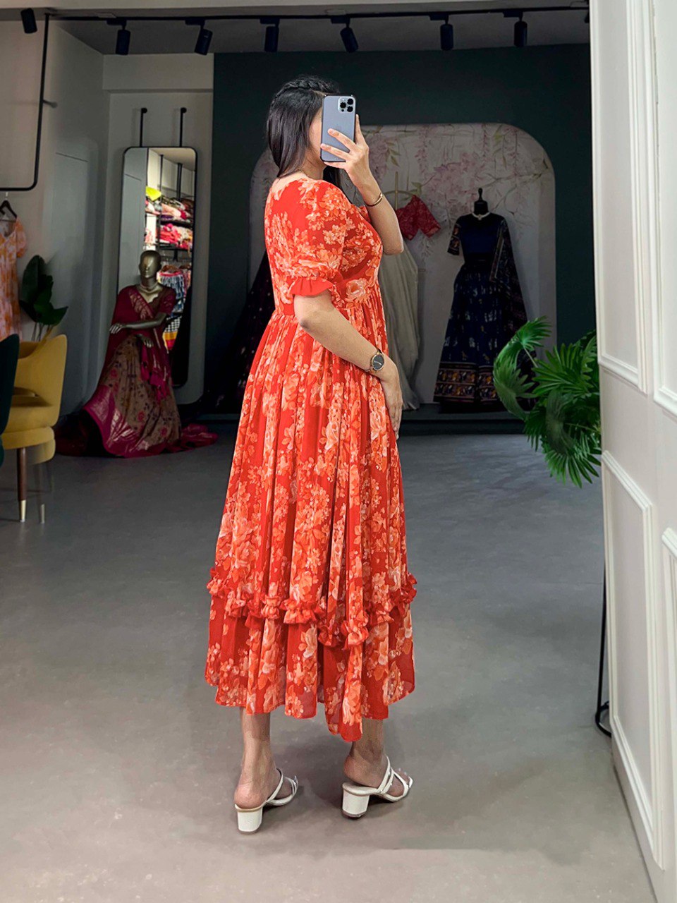 Orange Floral Print Midi Dress with Puff Sleeves