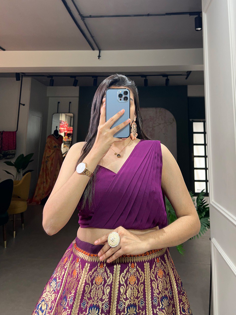 Banarsi Silk Zari Weaving work Purple Lehenga Choli Set