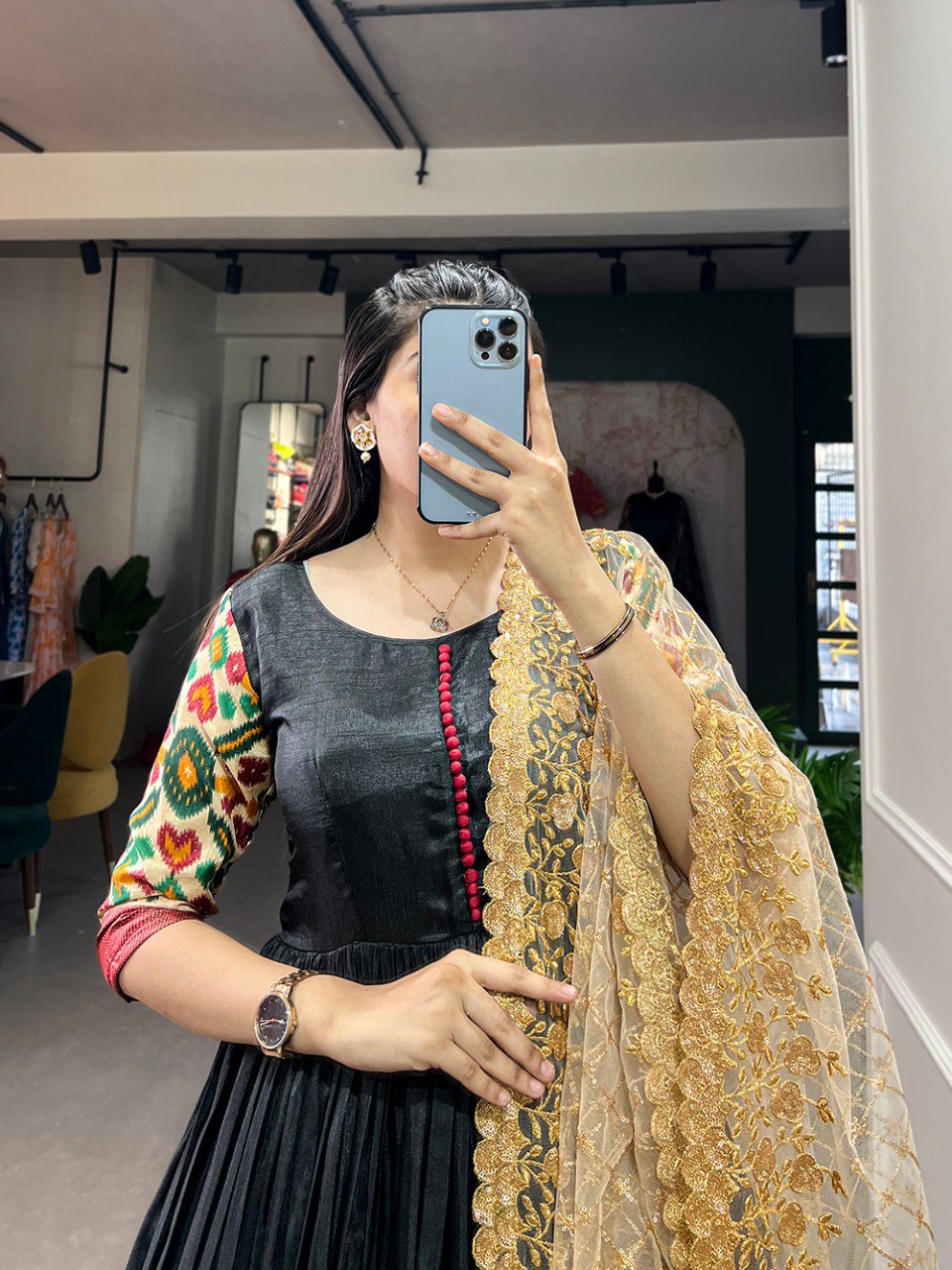 Aesthetic Black Color Dola Silk Print Foil Work With Dupatta Gown