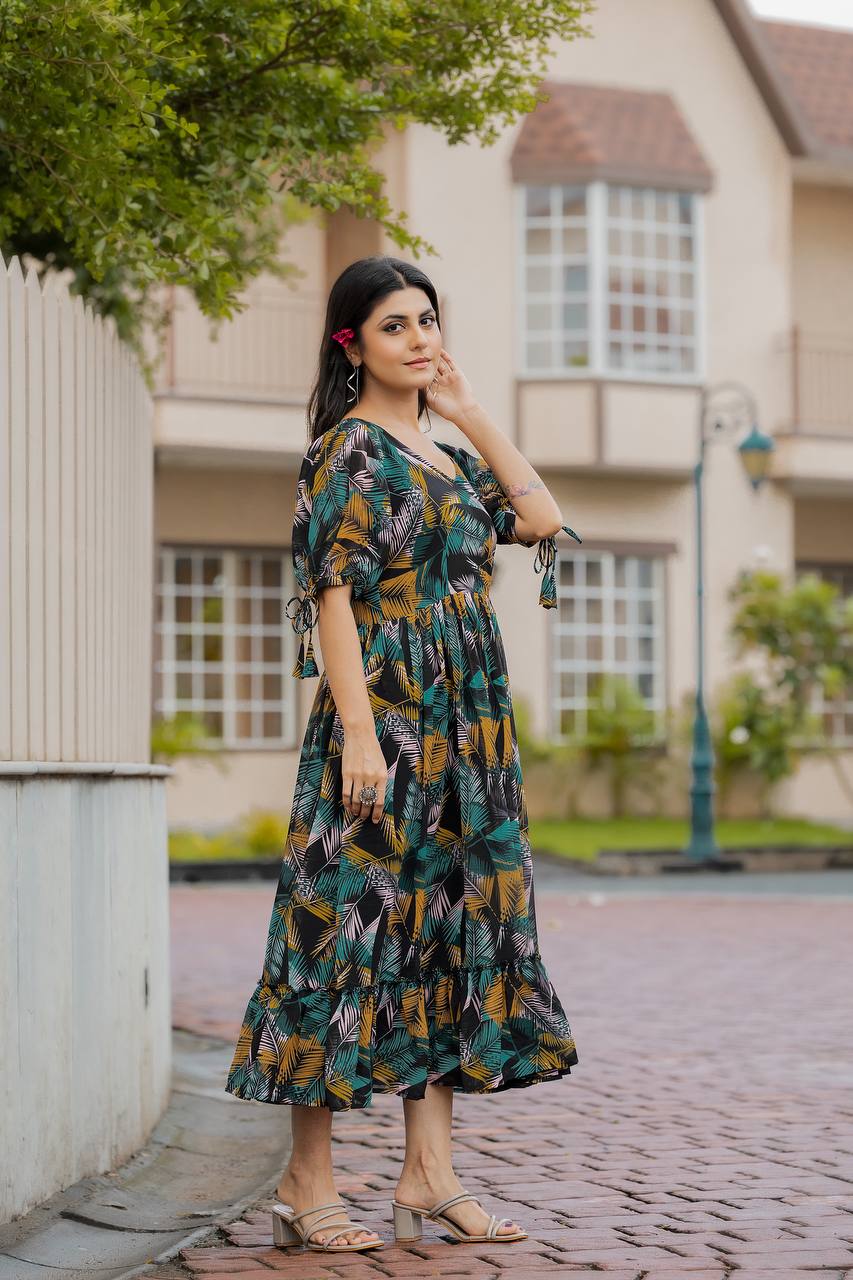 Multicolor Faux Georgette Geometric Print Maxi Dresses