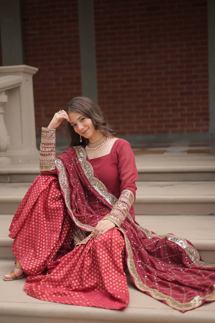 Maroon Designer Readymade Top-sharara-dupatta Collections