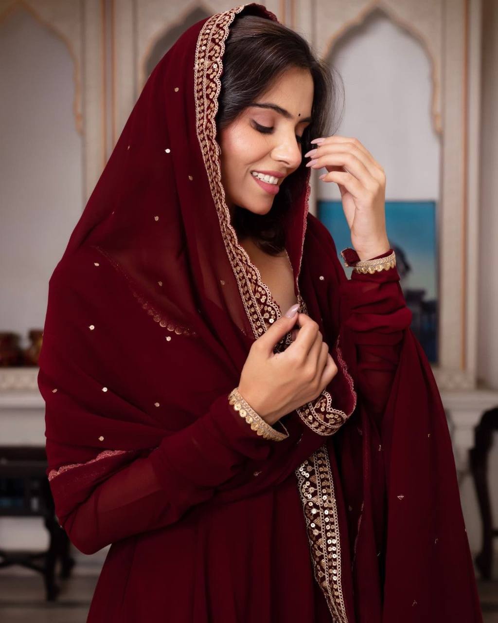 Maroon Color Georgette Base Embroidery Work Anarkali Suit